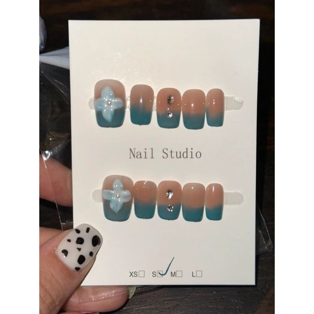 Blue French Tip 3D Flower Short Square Press On Nails size Small